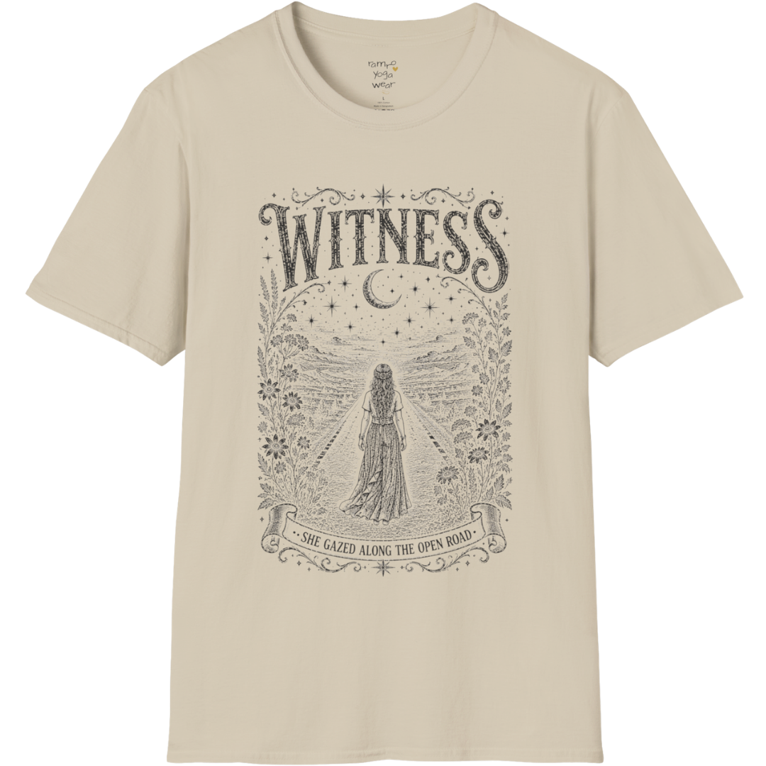 Woman standing on an open road under a crescent moon with botanical engraving design — Dark Sacred Stillness collection by Ramro Yoga Wear — Sand