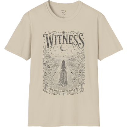 Woman standing on an open road under a crescent moon with botanical engraving design — Dark Sacred Stillness collection by Ramro Yoga Wear — Sand