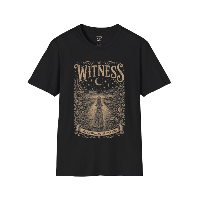 Woman standing on an open road under a crescent moon with botanical engraving design — Dark Sacred Stillness collection by Ramro Yoga Wear — Black