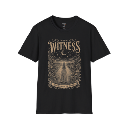 Woman standing on an open road under a crescent moon with botanical engraving design — Dark Sacred Stillness collection by Ramro Yoga Wear — Black