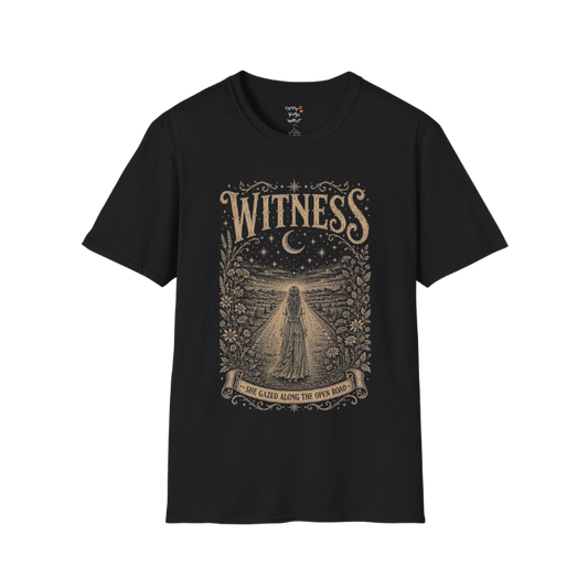Woman standing on an open road under a crescent moon with botanical engraving design — Dark Sacred Stillness collection by Ramro Yoga Wear — Black