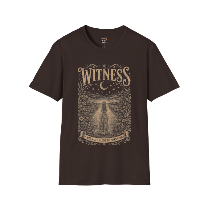 Woman standing on an open road under a crescent moon with botanical engraving design — Dark Sacred Stillness collection by Ramro Yoga Wear — Dark Chocolate