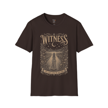 Woman standing on an open road under a crescent moon with botanical engraving design — Dark Sacred Stillness collection by Ramro Yoga Wear — Dark Chocolate