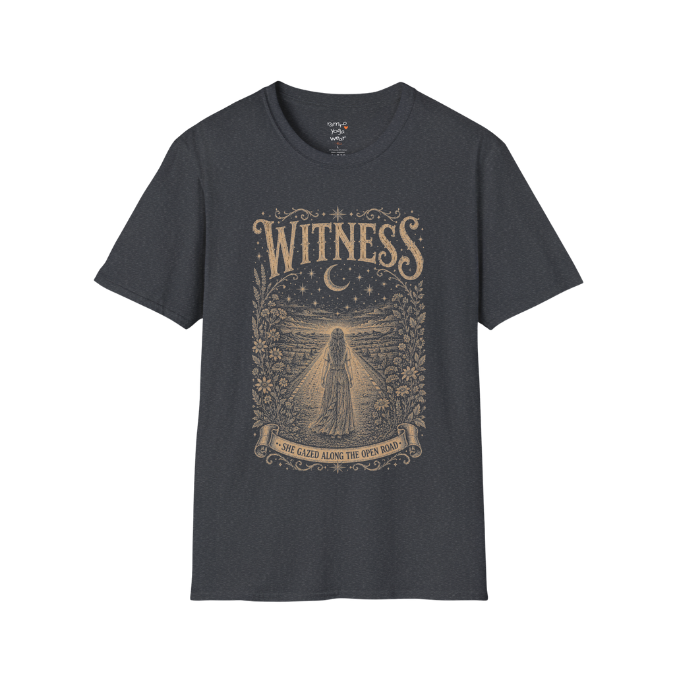 Woman standing on an open road under a crescent moon with botanical engraving design — Dark Sacred Stillness collection by Ramro Yoga Wear — Dark Heather Grey