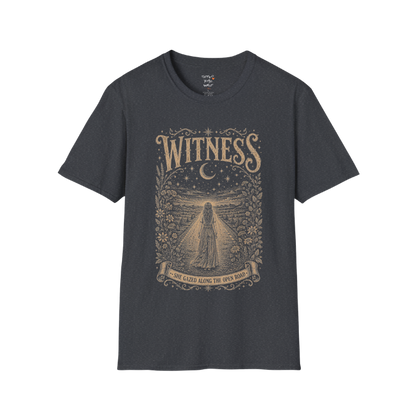 Woman standing on an open road under a crescent moon with botanical engraving design — Dark Sacred Stillness collection by Ramro Yoga Wear — Dark Heather Grey