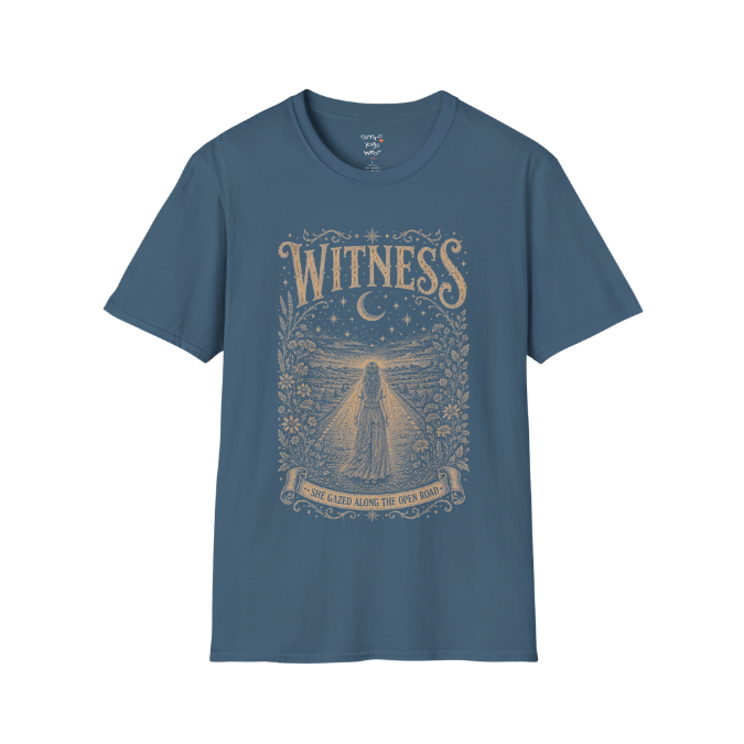 Woman standing on an open road under a crescent moon with botanical engraving design — Dark Sacred Stillness collection by Ramro Yoga Wear — Indigo Blue