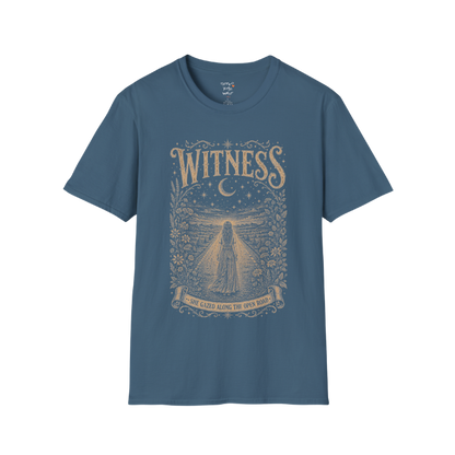 Woman standing on an open road under a crescent moon with botanical engraving design — Dark Sacred Stillness collection by Ramro Yoga Wear — Indigo Blue