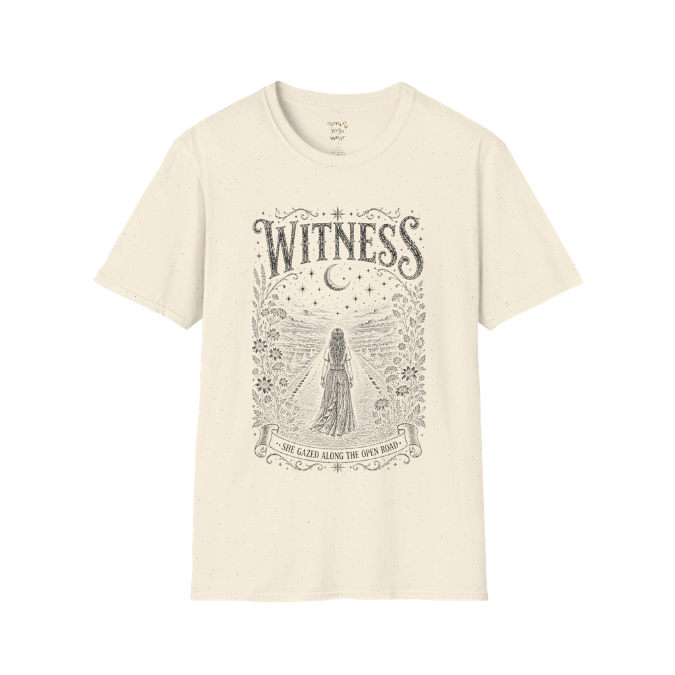 Woman standing on an open road under a crescent moon with botanical engraving design — Dark Sacred Stillness collection by Ramro Yoga Wear — Natural