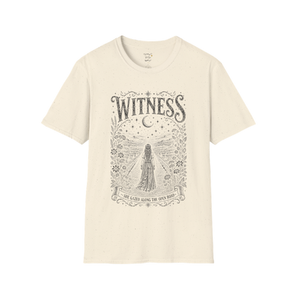 Woman standing on an open road under a crescent moon with botanical engraving design — Dark Sacred Stillness collection by Ramro Yoga Wear — Natural