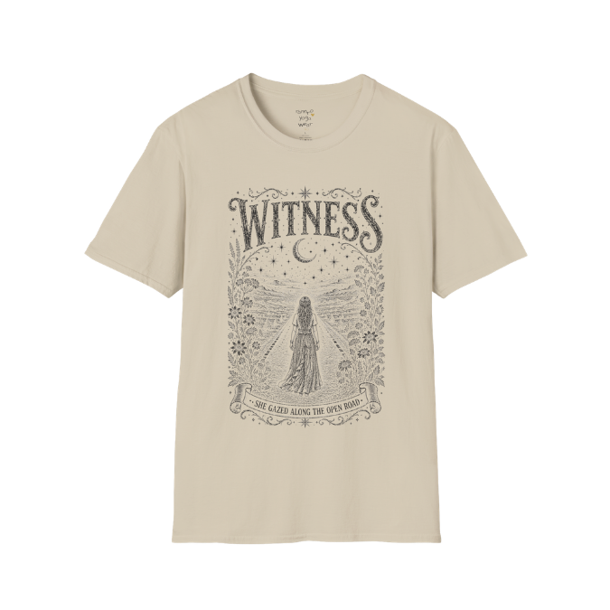 Woman standing on an open road under a crescent moon with botanical engraving design — Dark Sacred Stillness collection by Ramro Yoga Wear — Sand