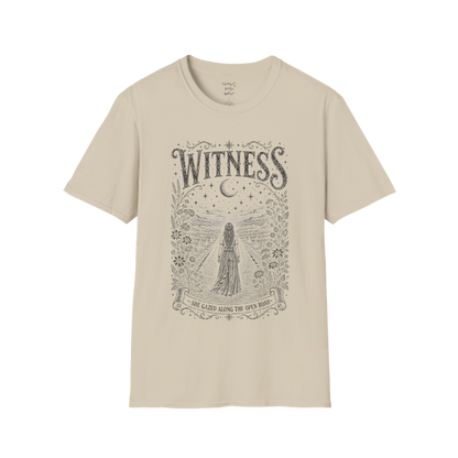 Woman standing on an open road under a crescent moon with botanical engraving design — Dark Sacred Stillness collection by Ramro Yoga Wear — Sand