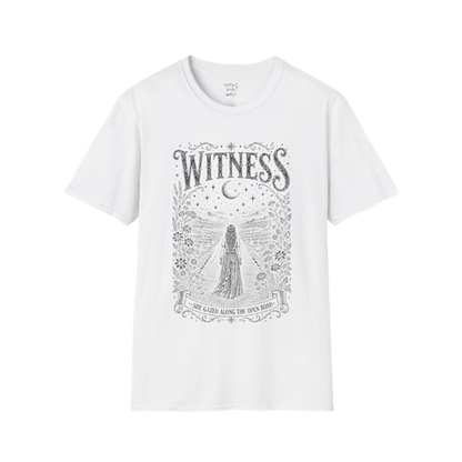 Woman standing on an open road under a crescent moon with botanical engraving design — Dark Sacred Stillness collection by Ramro Yoga Wear — White