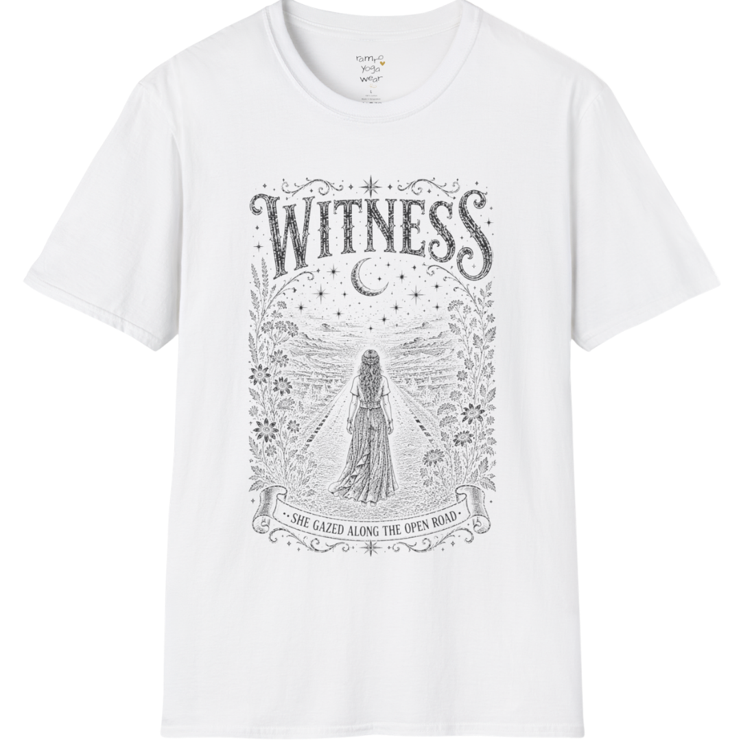 Woman standing on an open road under a crescent moon with botanical engraving design — Dark Sacred Stillness collection by Ramro Yoga Wear — White