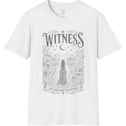 Woman standing on an open road under a crescent moon with botanical engraving design — Dark Sacred Stillness collection by Ramro Yoga Wear — White