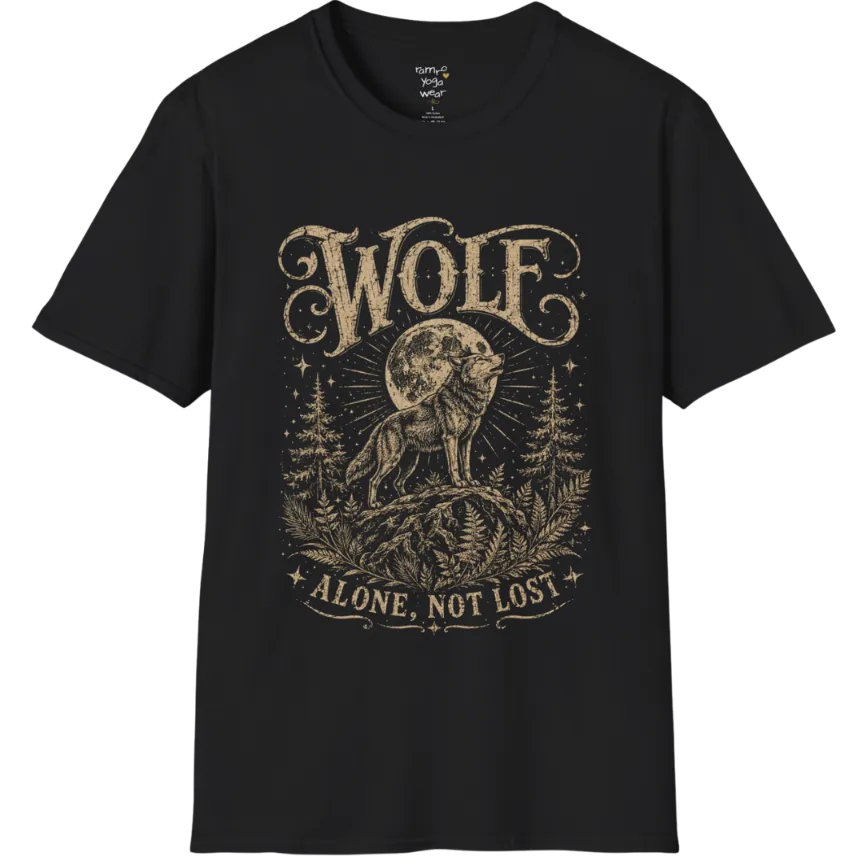 A short sleeved tee designed with a lone wolf on a ridge beneath a full moon, pine and fern framing — Wild Animals collection by Ramro Yoga Wear in Black