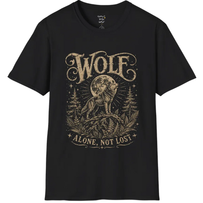 A short sleeved tee designed with a lone wolf on a ridge beneath a full moon, pine and fern framing — Wild Animals collection by Ramro Yoga Wear in Black