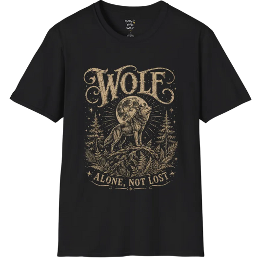A short sleeved tee designed with a lone wolf on a ridge beneath a full moon, pine and fern framing — Wild Animals collection by Ramro Yoga Wear in Black