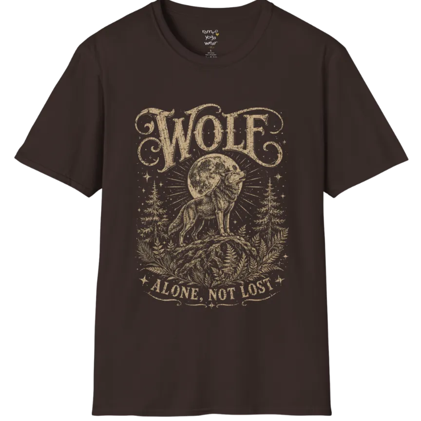A short sleeved tee designed with a lone wolf on a ridge beneath a full moon, pine and fern framing — Wild Animals collection by Ramro Yoga Wear in Dark Chocolate