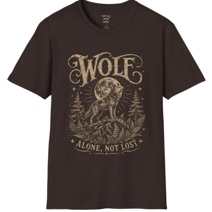 A short sleeved tee designed with a lone wolf on a ridge beneath a full moon, pine and fern framing — Wild Animals collection by Ramro Yoga Wear in Dark Chocolate