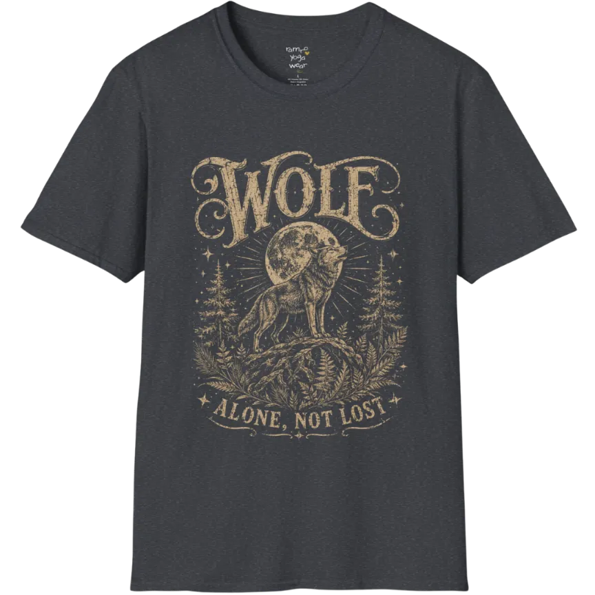 A short sleeved tee designed with a lone wolf on a ridge beneath a full moon, pine and fern framing — Wild Animals collection by Ramro Yoga Wear in Dark Heather Grey