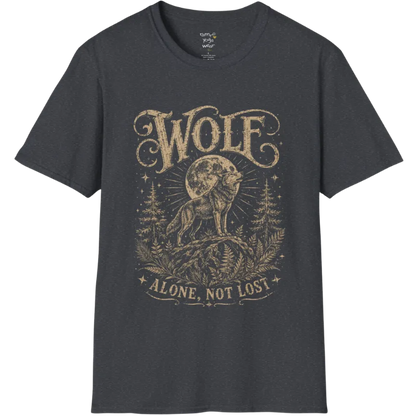 A short sleeved tee designed with a lone wolf on a ridge beneath a full moon, pine and fern framing — Wild Animals collection by Ramro Yoga Wear in Dark Heather Grey