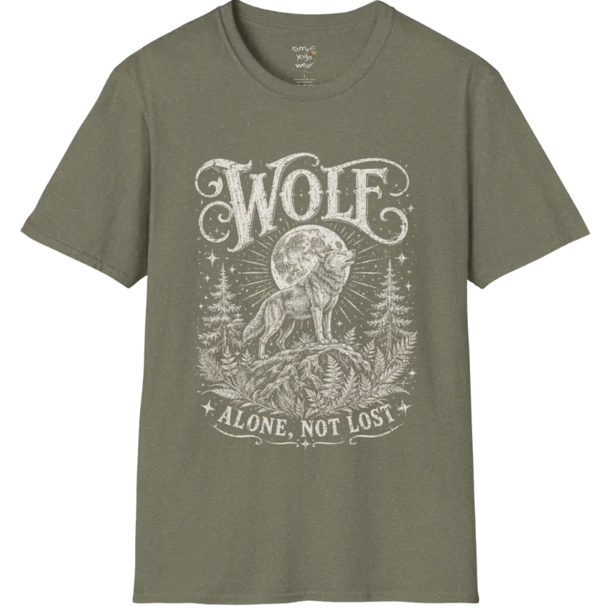 A short sleeved tee designed with a lone wolf on a ridge beneath a full moon, pine and fern framing — Wild Animals collection by Ramro Yoga Wear in Heather Military Green
