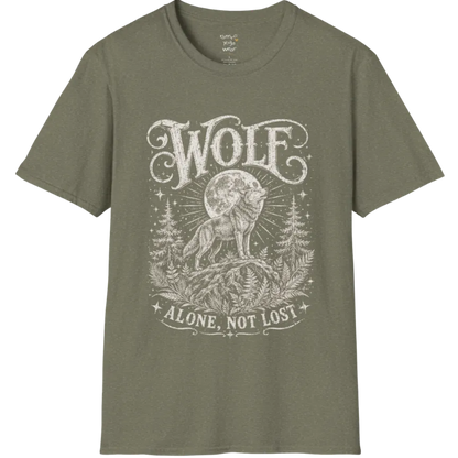 A short sleeved tee designed with a lone wolf on a ridge beneath a full moon, pine and fern framing — Wild Animals collection by Ramro Yoga Wear in Heather Military Green