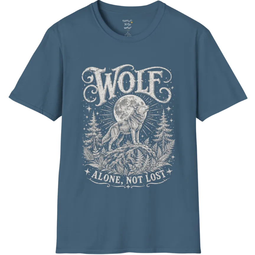 A short sleeved tee designed with a lone wolf on a ridge beneath a full moon, pine and fern framing — Wild Animals collection by Ramro Yoga Wear in Indigo Blue
