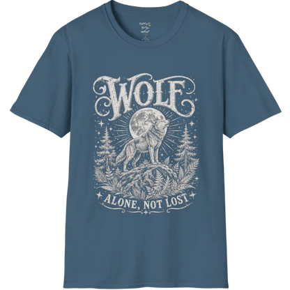 A short sleeved tee designed with a lone wolf on a ridge beneath a full moon, pine and fern framing — Wild Animals collection by Ramro Yoga Wear in Indigo Blue