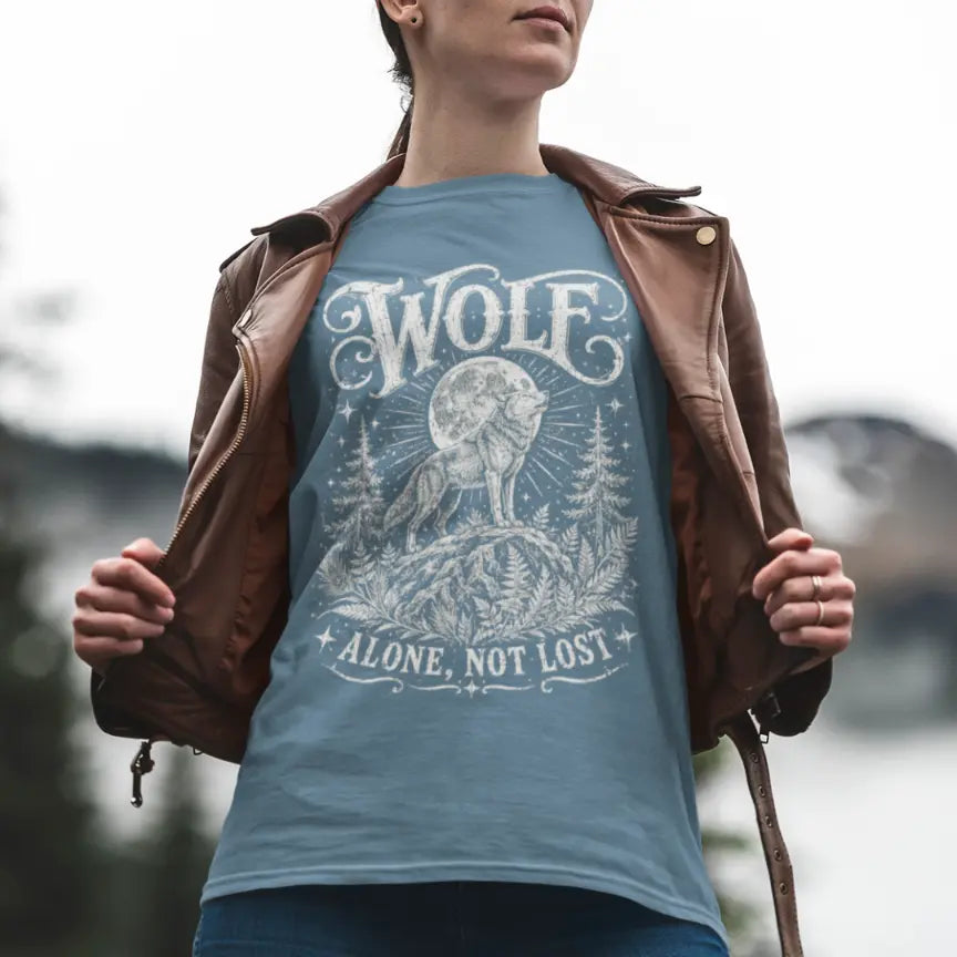 Person wearing Wolf tee in Indigo Blue, a mystical animal yoga shirt outdoors by a mountain lake — Wild Animals collection by Ramro Yoga Wear