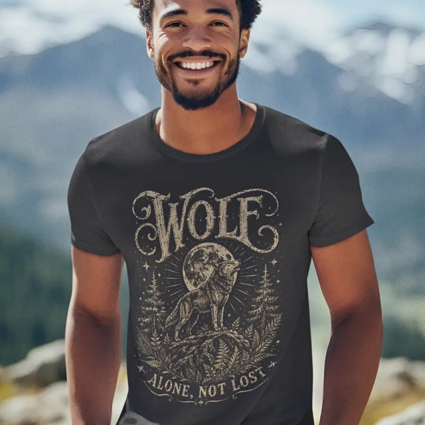 Person wearing Wolf T-Shirt in Dark Chocolate, a mystical animal yoga shirt outdoors in the mountains — Wild Animals collection by Ramro Yoga Wear