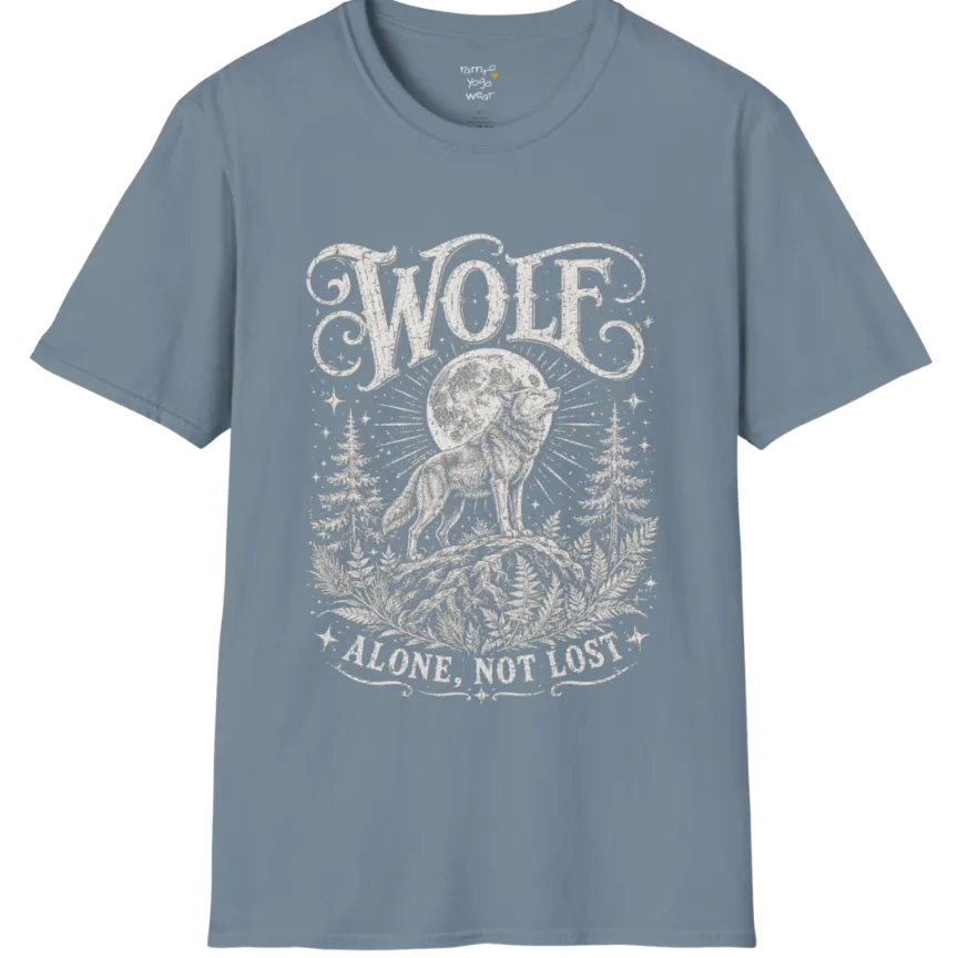 A short sleeved tee designed with a lone wolf on a ridge beneath a full moon, pine and fern framing — Wild Animals collection by Ramro Yoga Wear in Stone Blue