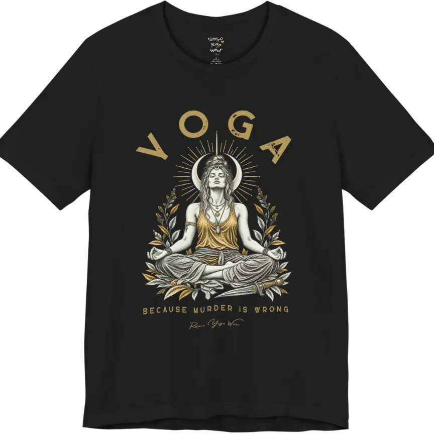 Illustrated meditating figure with a moon crown, gold sunburst halo, botanical leaf framing, and a dagger resting at her feet. Wrong T-Shirt flat lay is a Bella+Canvas 3001 and the color is Black.