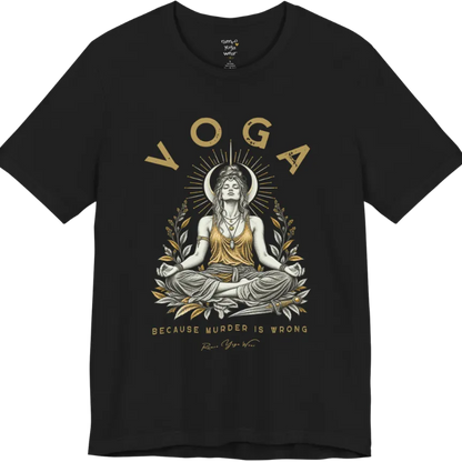 Illustrated meditating figure with a moon crown, gold sunburst halo, botanical leaf framing, and a dagger resting at her feet. Wrong T-Shirt flat lay is a Bella+Canvas 3001 and the color is Black.