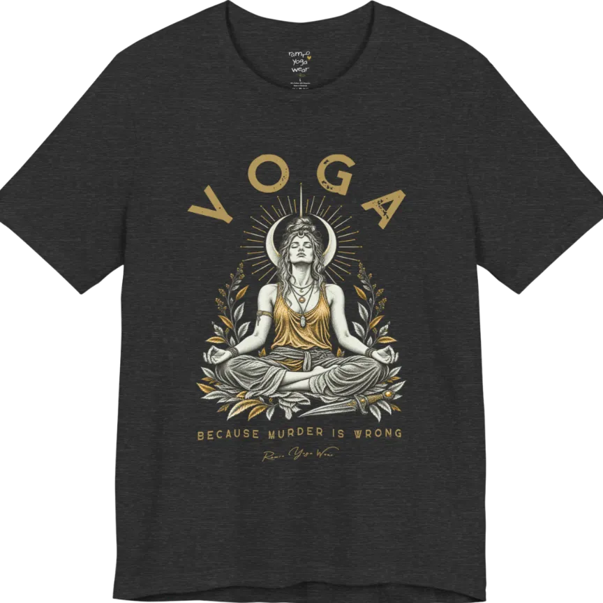 Illustrated meditating figure with a moon crown, gold sunburst halo, botanical leaf framing, and a dagger resting at her feet. Wrong T-Shirt flat lay is a Bella+Canvas 3001 and the color is Dark Grey Heather.