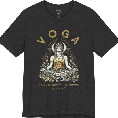 Illustrated meditating figure with a moon crown, gold sunburst halo, botanical leaf framing, and a dagger resting at her feet. Wrong T-Shirt flat lay is a Bella+Canvas 3001 and the color is Dark Grey Heather.
