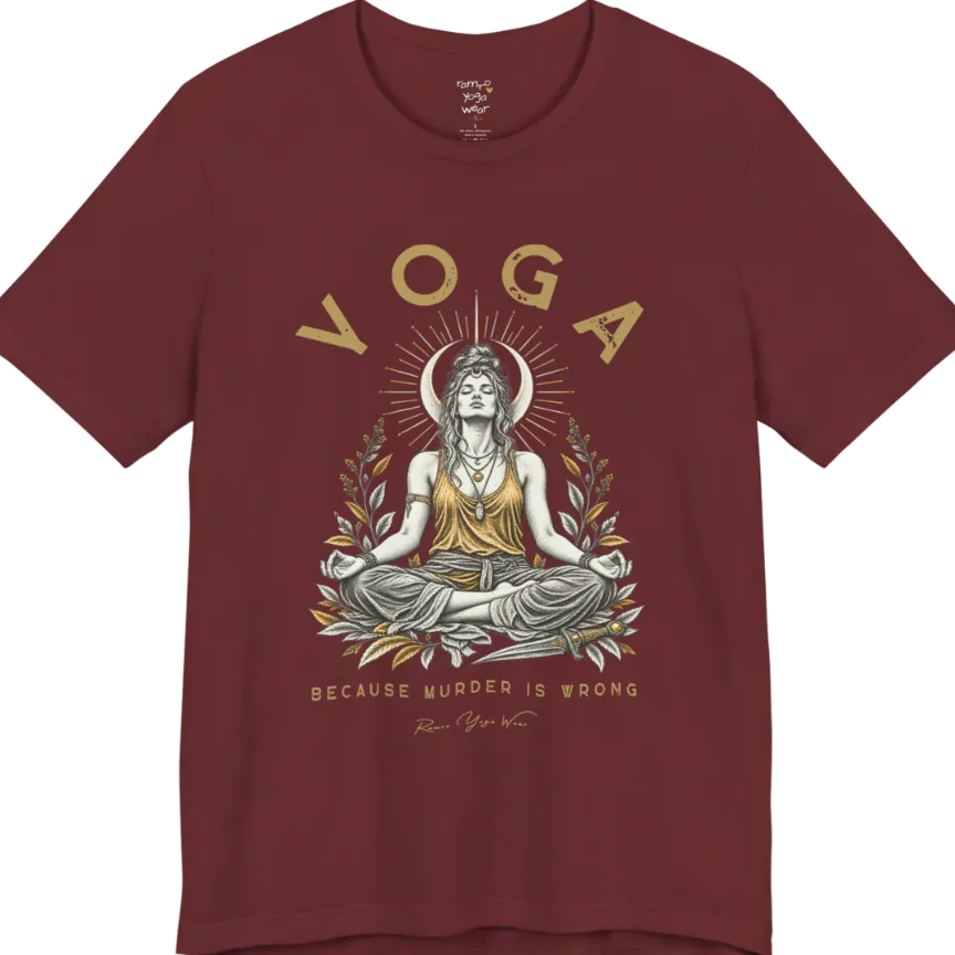 Illustrated meditating figure with a moon crown, gold sunburst halo, botanical leaf framing, and a dagger resting at her feet. Wrong T-Shirt flat lay is a Bella+Canvas 3001 and the color is Heather Cardinal.
