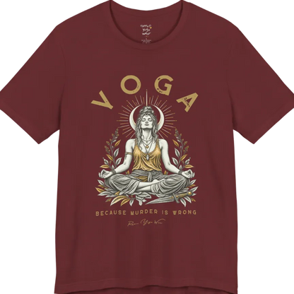 Illustrated meditating figure with a moon crown, gold sunburst halo, botanical leaf framing, and a dagger resting at her feet. Wrong T-Shirt flat lay is a Bella+Canvas 3001 and the color is Heather Cardinal.