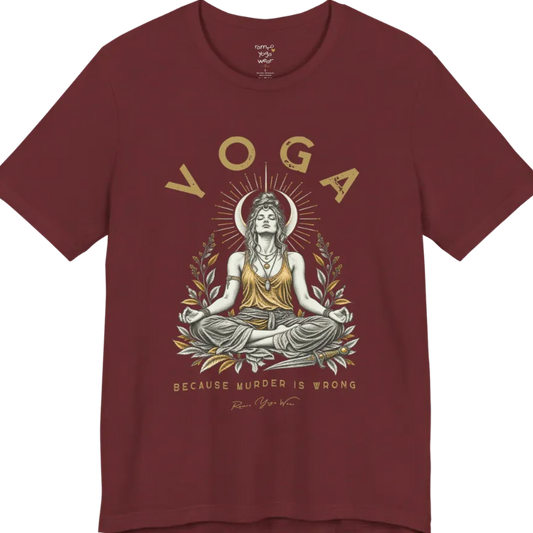 Illustrated meditating figure with a moon crown, gold sunburst halo, botanical leaf framing, and a dagger resting at her feet. Wrong T-Shirt flat lay is a Bella+Canvas 3001 and the color is Heather Cardinal.