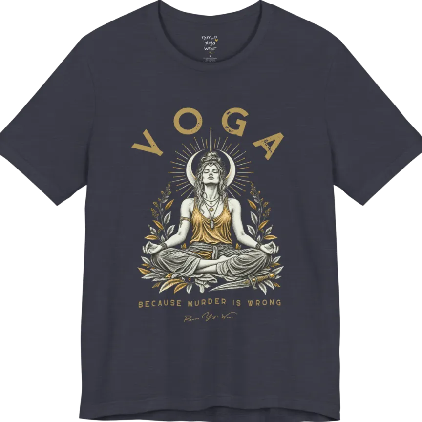 Illustrated meditating figure with a moon crown, gold sunburst halo, botanical leaf framing, and a dagger resting at her feet. Wrong T-Shirt flat lay is a Bella+Canvas 3001 and the color is Heather Midnight Navy.