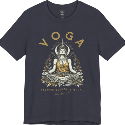 Illustrated meditating figure with a moon crown, gold sunburst halo, botanical leaf framing, and a dagger resting at her feet. Wrong T-Shirt flat lay is a Bella+Canvas 3001 and the color is Heather Midnight Navy.
