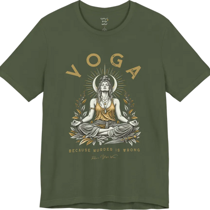 Illustrated meditating figure with a moon crown, gold sunburst halo, botanical leaf framing, and a dagger resting at her feet. Wrong T-Shirt flat lay is a Bella+Canvas 3001 and the color is Military Green.