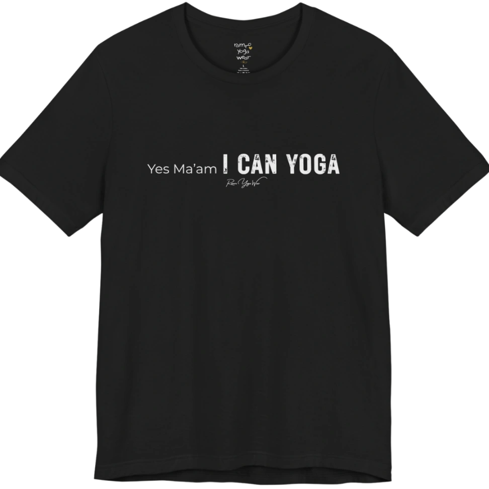 A short sleeved tee with a Bold "Yes Ma'am, I Can Yoga" stacked text design — Funny Yoga Shirts collection by Ramro Yoga Wear in Black