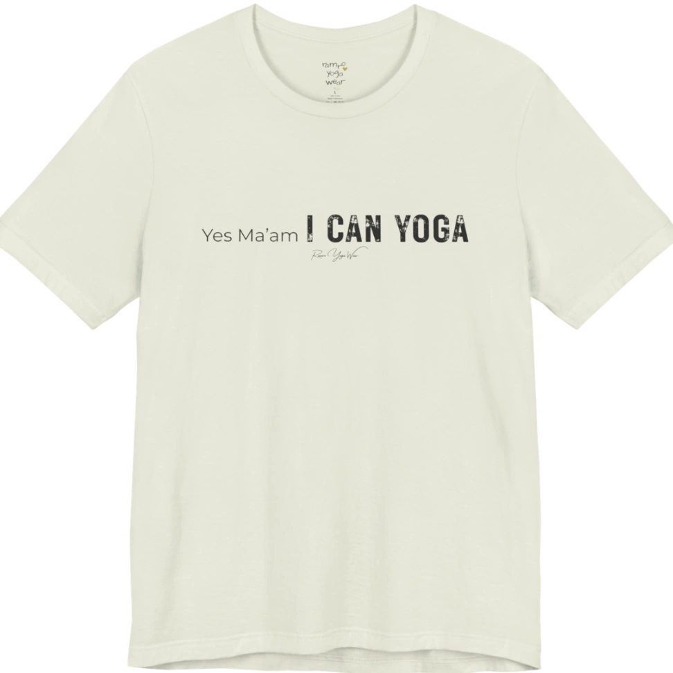 A short sleeved tee with a Bold "Yes Ma'am, I Can Yoga" stacked text design — Funny Yoga Shirts collection by Ramro Yoga Wear in Citron.