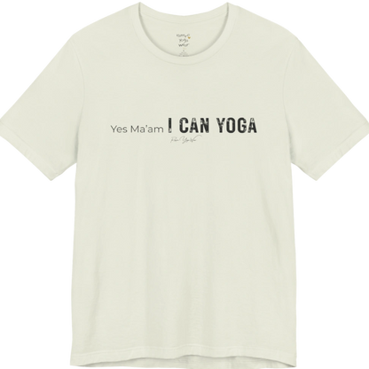 A short sleeved tee with a Bold "Yes Ma'am, I Can Yoga" stacked text design — Funny Yoga Shirts collection by Ramro Yoga Wear in Citron.