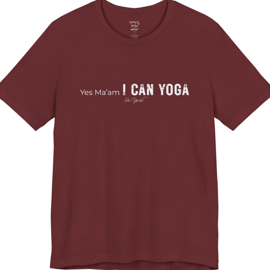 A short sleeved tee with a Bold "Yes Ma'am, I Can Yoga" stacked text design — Funny Yoga Shirts collection by Ramro Yoga Wear in Heather Cardinal.