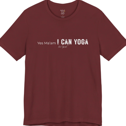 A short sleeved tee with a Bold "Yes Ma'am, I Can Yoga" stacked text design — Funny Yoga Shirts collection by Ramro Yoga Wear in Heather Cardinal.