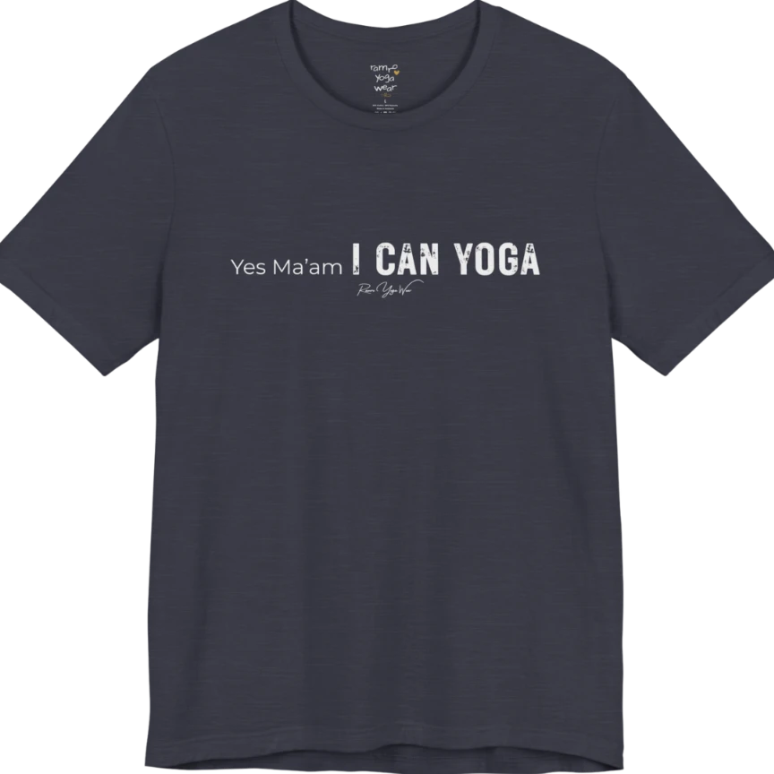A short sleeved tee with a Bold "Yes Ma'am, I Can Yoga" stacked text design — Funny Yoga Shirts collection by Ramro Yoga Wear in Heather Midnight Navy.