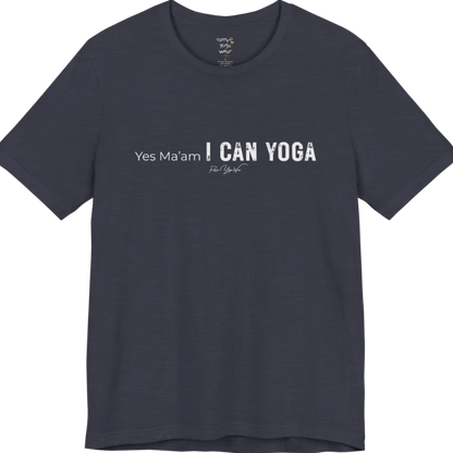 A short sleeved tee with a Bold "Yes Ma'am, I Can Yoga" stacked text design — Funny Yoga Shirts collection by Ramro Yoga Wear in Heather Midnight Navy.