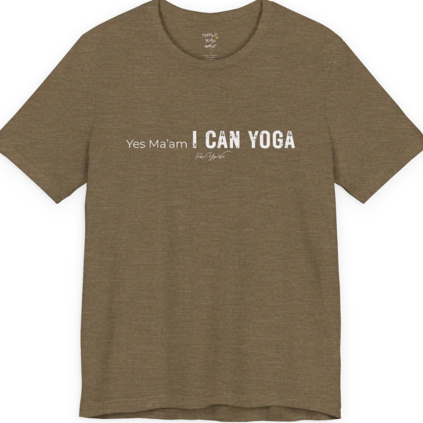 A short sleeved tee with a Bold "Yes Ma'am, I Can Yoga" stacked text design — Funny Yoga Shirts collection by Ramro Yoga Wear in Heather Olive.